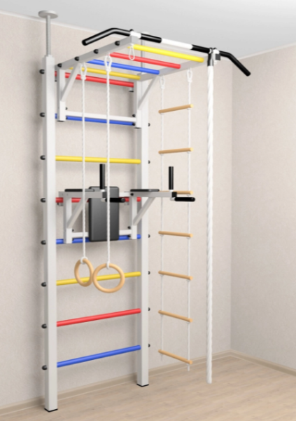 Шведская стенка Sv Sport враспор (Турник рукоход/Брусья/Канат/Кольца/Лестница) (высота 275-295см) В723 ( Разноцветные перекладины)